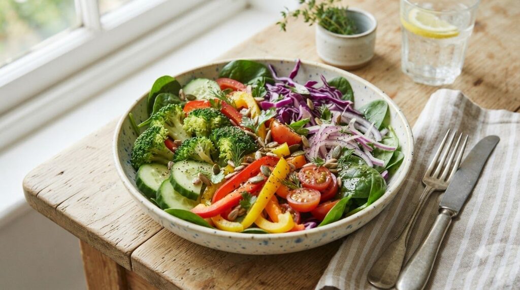A vibrant well-composed salad bowl featuring a mix of high-fiber and low-fiber vegetables like broccoli florets spinach 