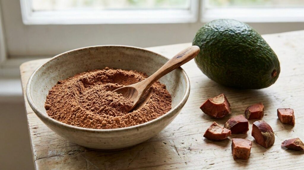 Close-up of a finely ground avocado seed powder in a small bowl with a spoon next to a whole avocado and a chopped avoca
