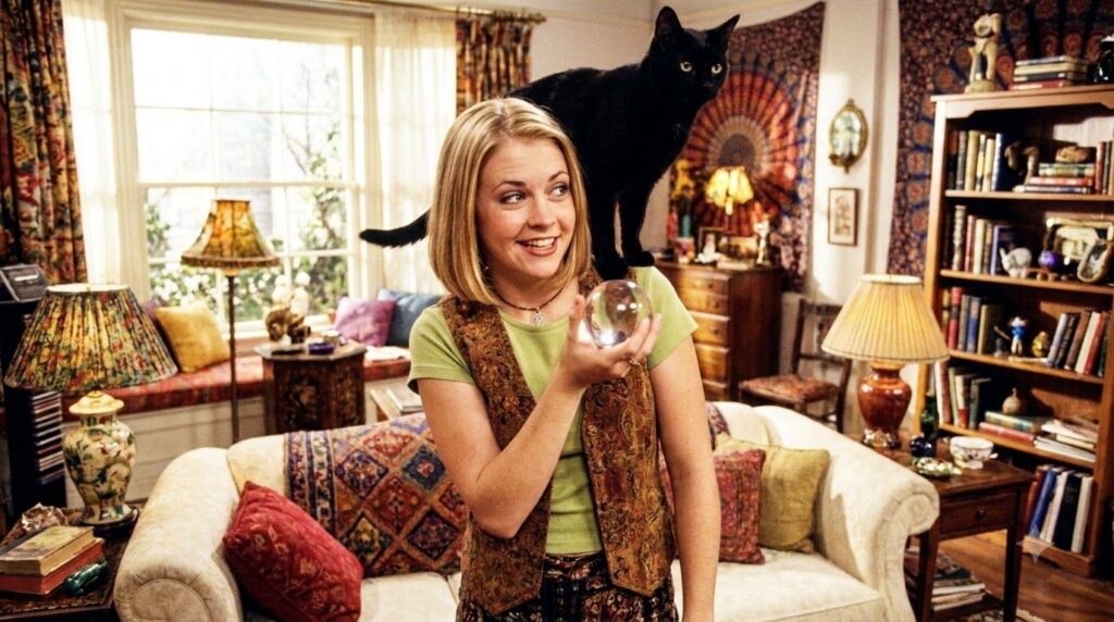 A still image from the TV show Sabrina the Teenage Witch featuring Melissa Joan Hart as Sabrina Spellman perhaps with he