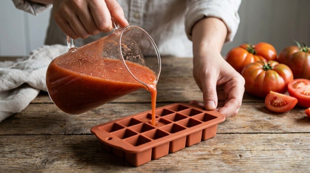 A close-up of hands pouring a reddish liquid tomato juice into an ice cube tray with fresh tomatoes visible in the backg