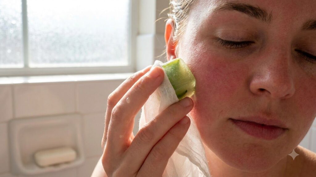A hand holding an aloe vera ice cube wrapped in a thin cloth gently applying it to a woman s cheek The woman has clear g