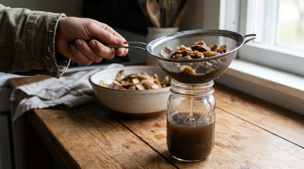 A person s hand straining dark liquid from boiled potato peels into a glass jar showing the preparation of the hair rins