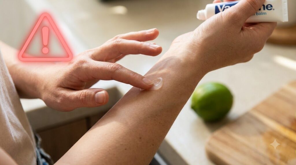Close-up of a person s hand applying a small amount of Vaseline to a patch of skin with a warning overlay In the backgro