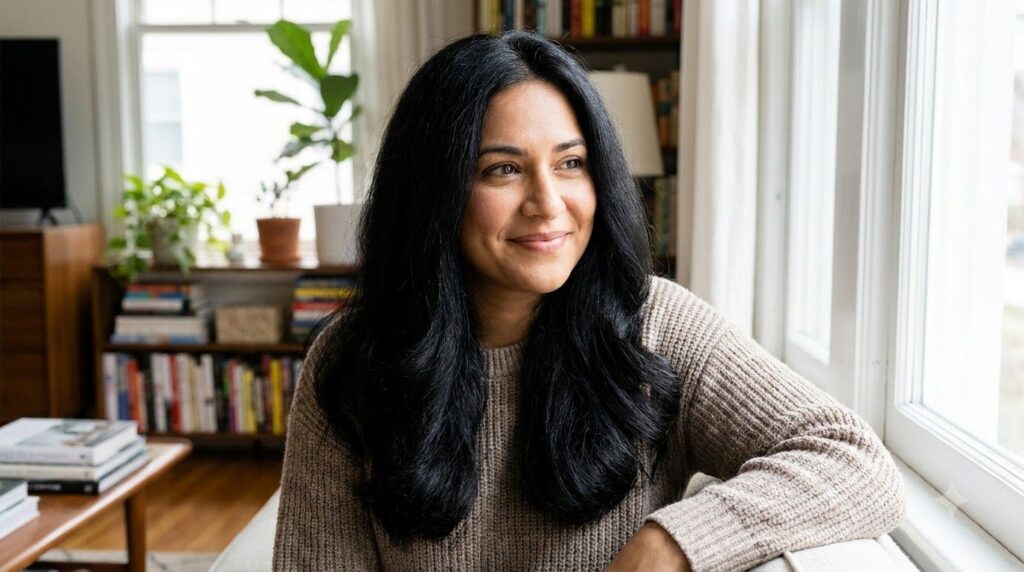A woman with shiny darker-looking hair smiling confidently representing the potential results of natural hair care