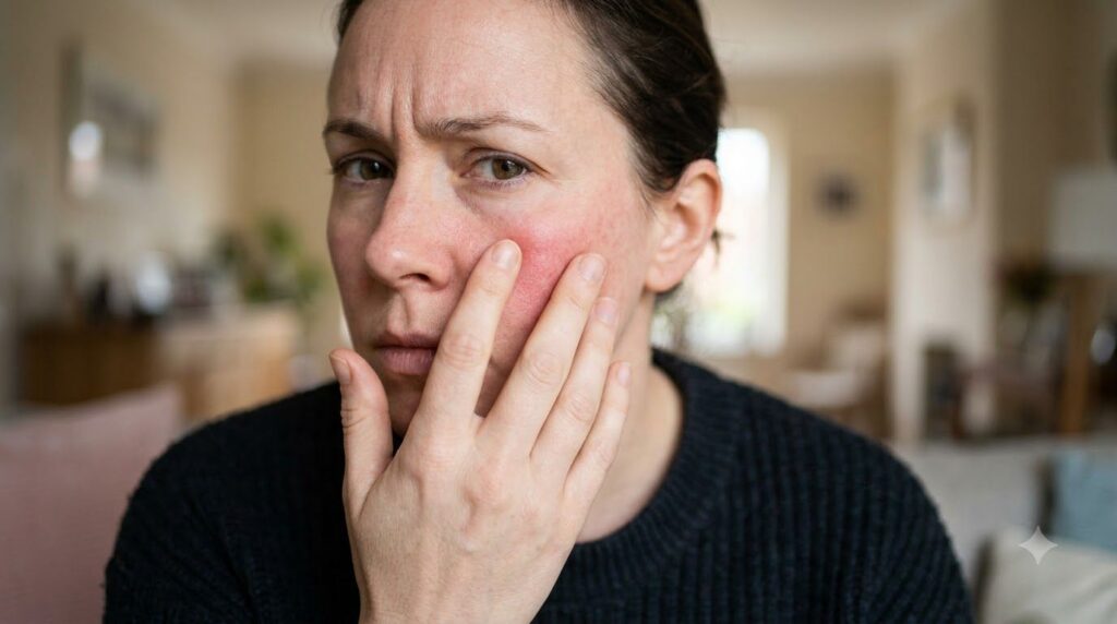 A person s face shows a worried expression with a hand gently touching a red patch on their cheek indicating skin irrita