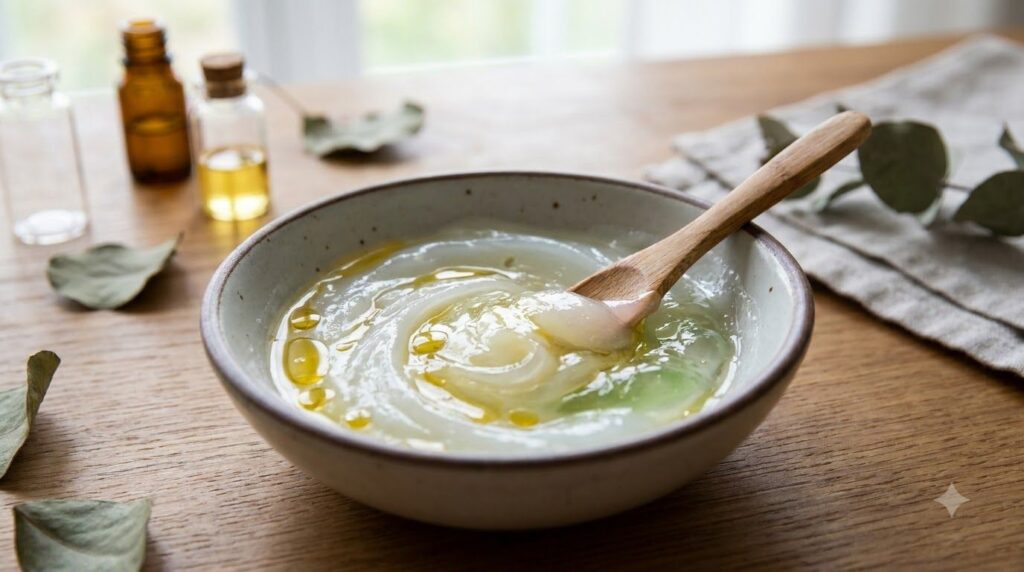 A close-up shot of a small bowl where Vaseline Vitamin E oil and aloe vera gel are being mixed with a tiny spatula showi
