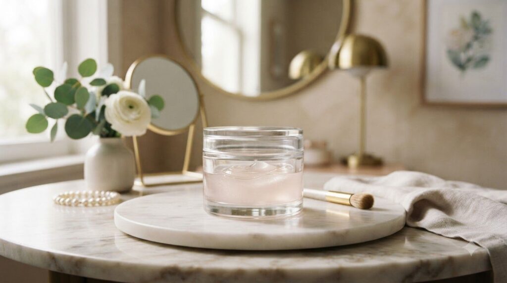 A small elegant glass jar filled with the finished Vaseline glow gel placed on a vanity with soft focus in the backgroun
