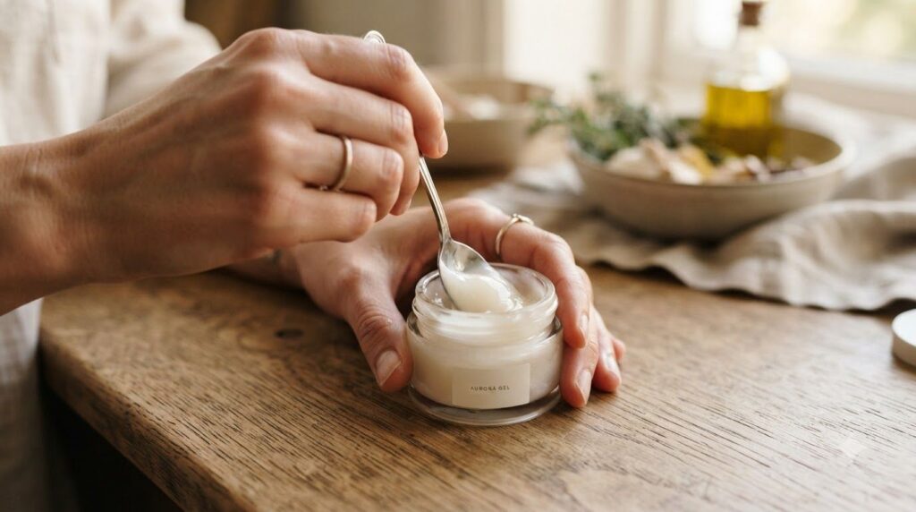 A person s hands gently mixing the Vaseline glow gel ingredients in a small glass jar with a spoon showing a smooth crea