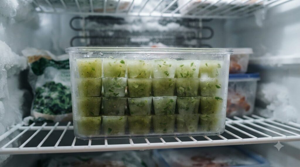 A stack of ready-to-use beauty ice cubes in a clear container in a freezer