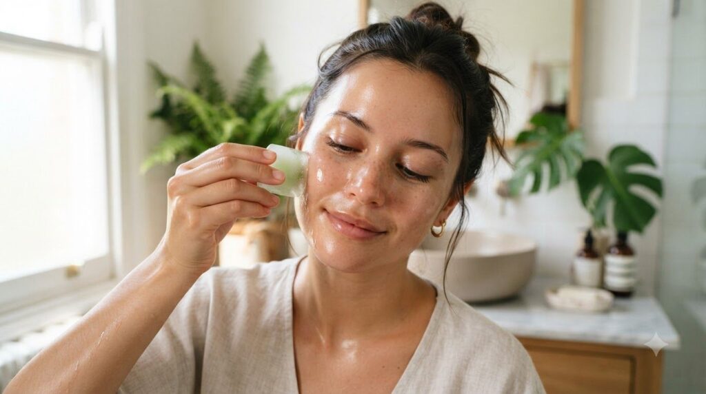 A hand gently rubbing a frozen green tea and aloe vera ice cube over a woman s cheek