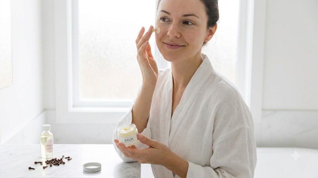 A small elegant glass jar filled with the solid Vaseline baby oil and clove balm placed next to a fresh-faced woman gent