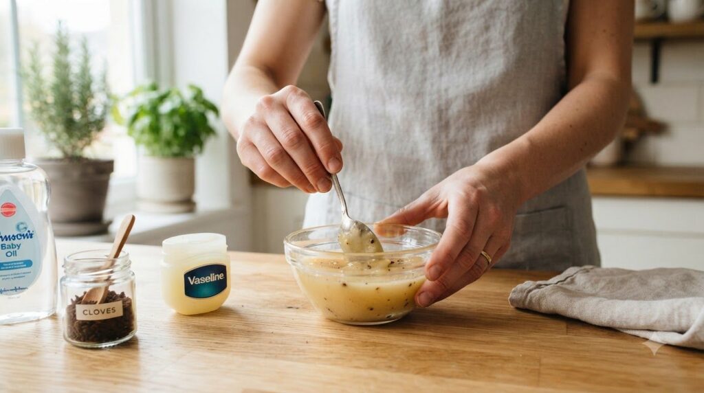 A person s hands gently stirring a warm light yellow mixture of Vaseline baby oil and ground cloves in a small glass bow