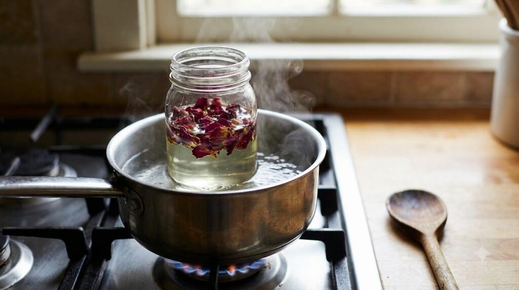 A glass jar containing baby oil and dried rose petals gently warming in a pot of water on a stovetop illustrating the ge