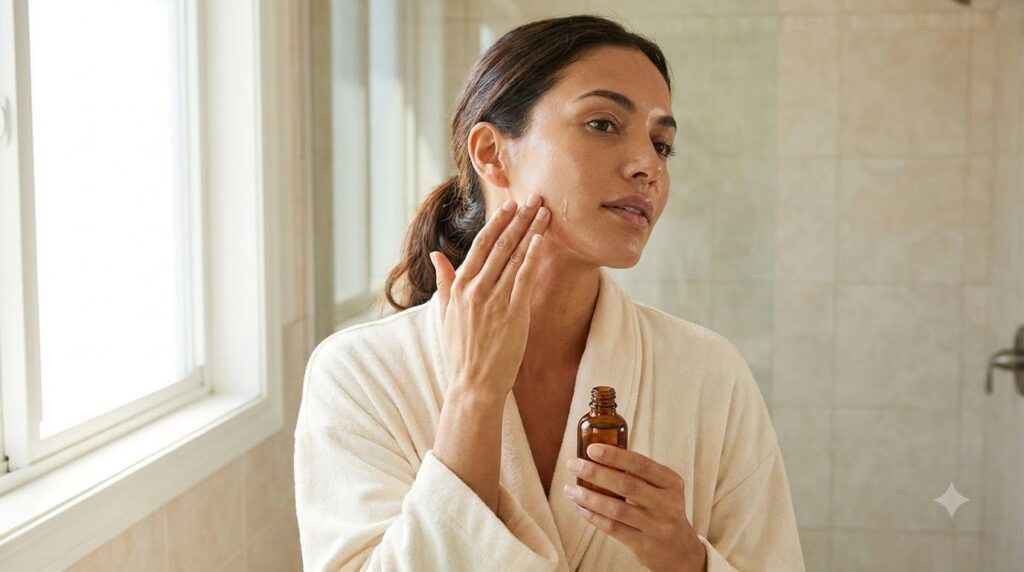 A woman gently massaging a small amount of the infused baby oil onto her face focusing on her cheek and jawline with a s