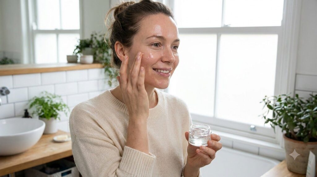 A woman gently applying a small amount of the glow gel to her face showing a soft radiant effect