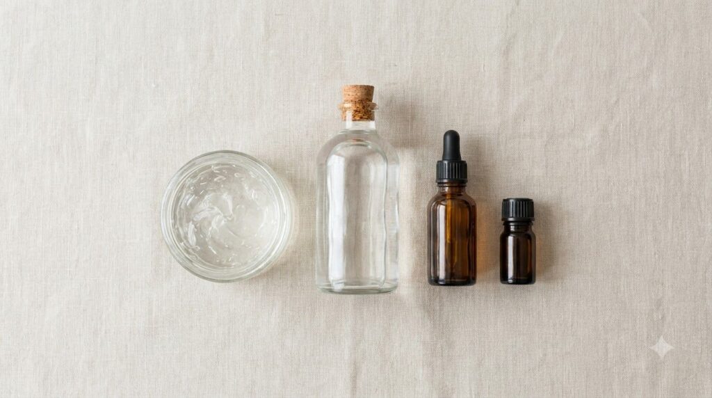 A flat lay of the four simple ingredients aloe vera gel rose water glycerin and vitamin E oil clearly identifiable on a 