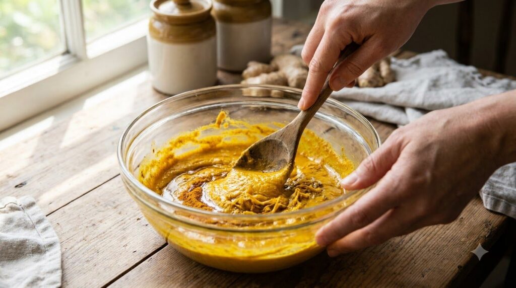 Hands mixing a yellow paste in a small bowl with a spoon showing the process of combining ingredients for the hand remed