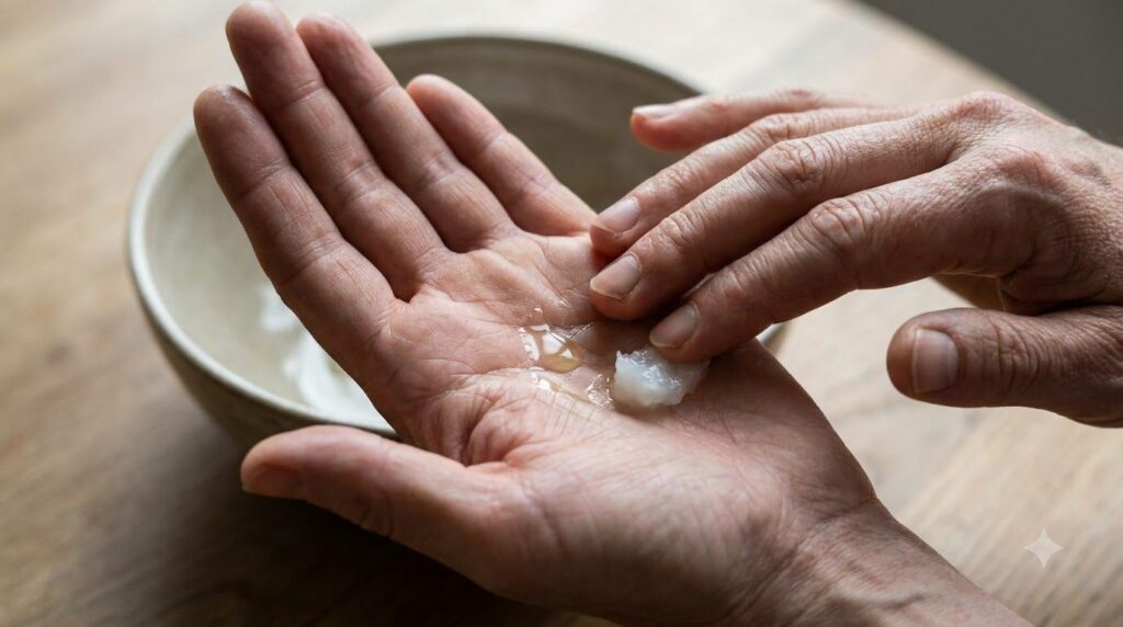 A close-up of hands with fingertips gently mixing a few drops of baby oil and a small dollop of petroleum jelly against 