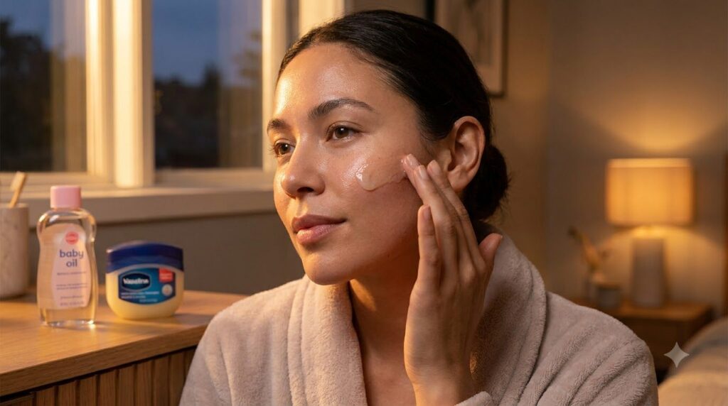 A woman with clean skin gently applying the baby oil and Vaseline mixture to her face with her fingertips in a soft warm