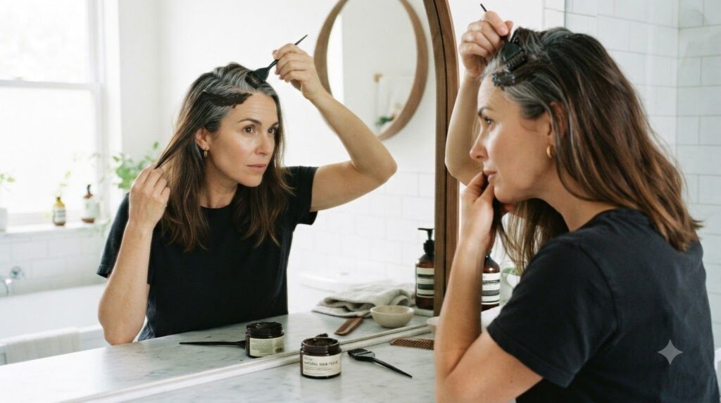 A woman applying a dark hair paste to her roots focusing on areas with grey hair in a bathroom setting