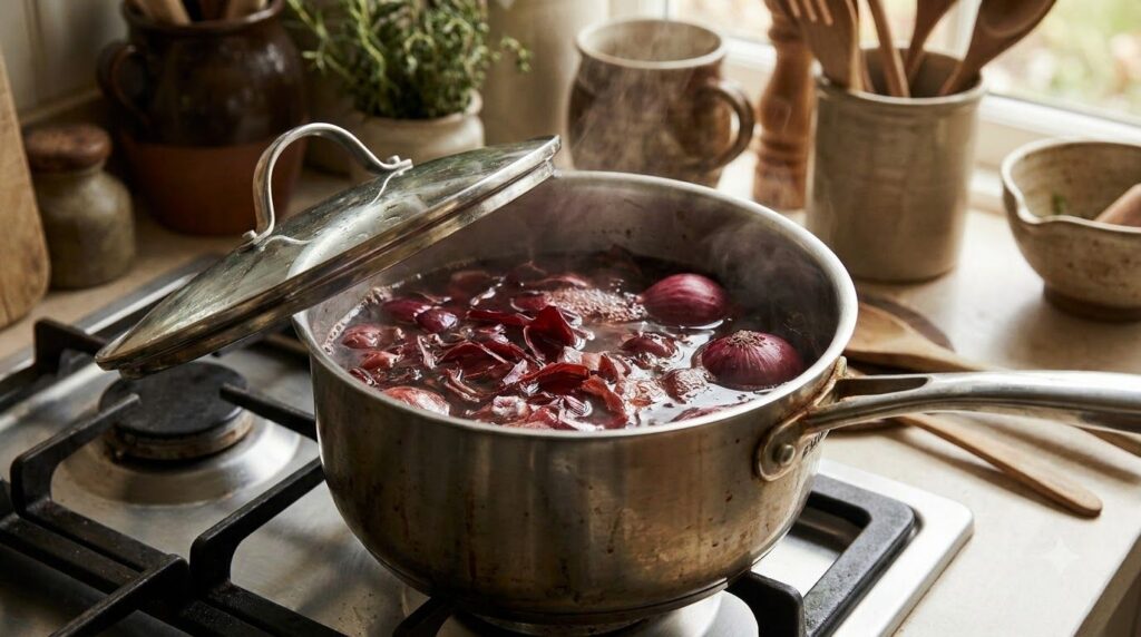 A saucepan simmering dark red onion peels in water with steam rising creating a rich brown liquid