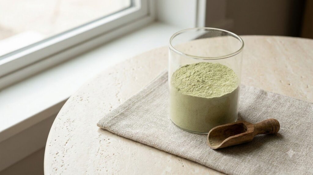 A close-up of a glass jar filled with a green-tinted DIY collagen powder mix with a small wooden scoop next to it The ba