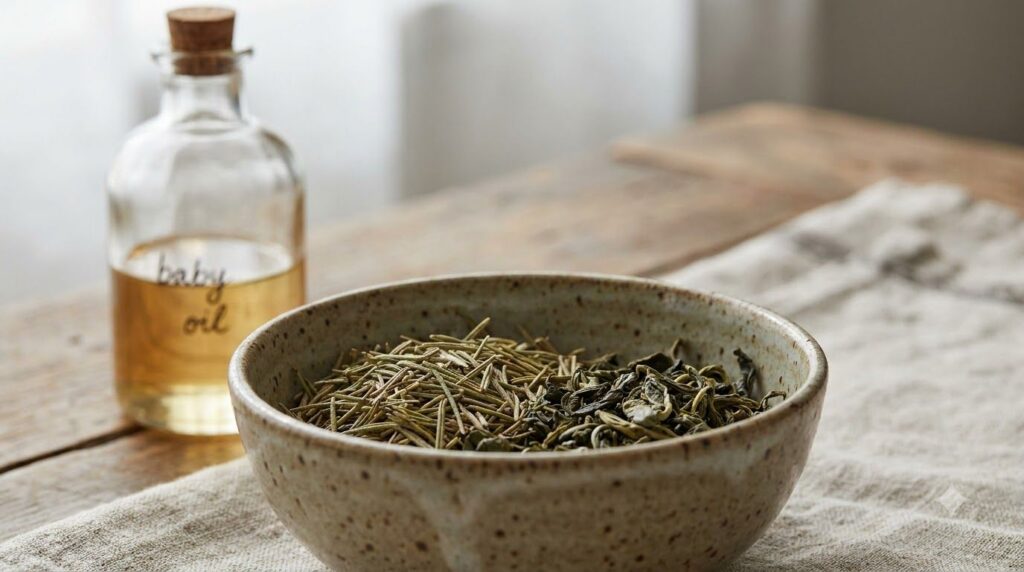 Close-up shot of a small bowl containing dried rosemary and green tea leaves ready to be added to oil for infusion with 