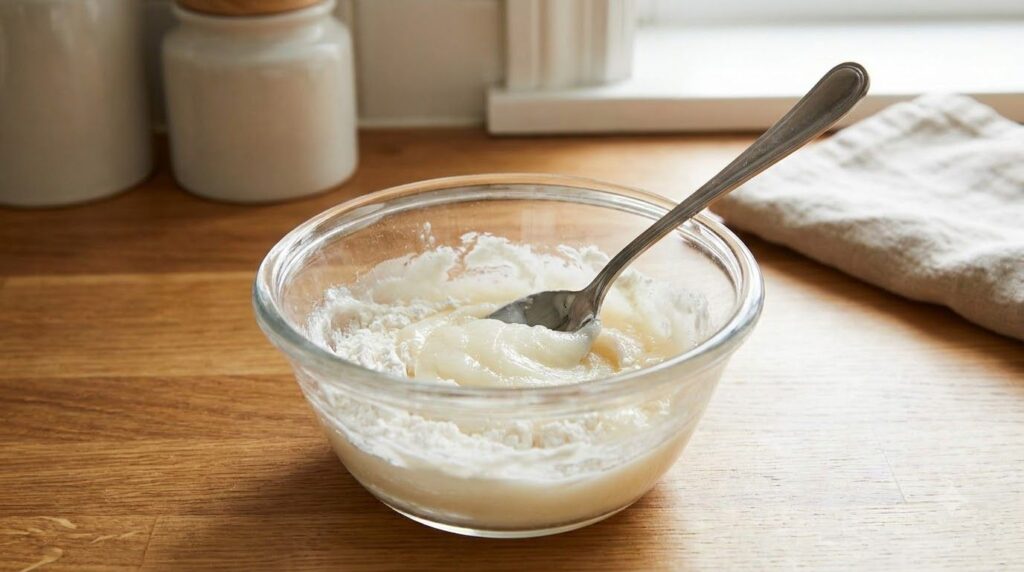A close-up shot of a small bowl where Vaseline and fine white rice flour are being mixed together with a spoon to form a