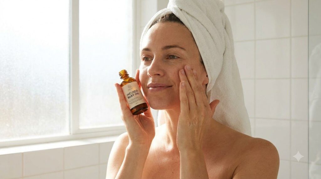 A woman gently massaging the infused baby oil onto her face looking serene and enjoying her skincare routine in a softly
