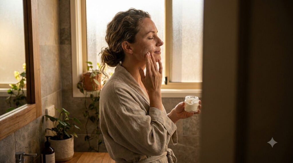 A woman in her late 30s or early 40s gently applying a thin layer of a homemade white balm to her clean face before bed 