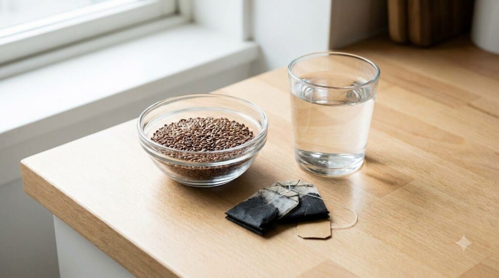 Ingredients for the hair remedy a small bowl of flaxseeds black tea bags and a glass of water on a kitchen counter