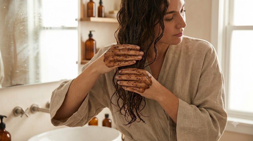A woman gently applying the dark seed-filled gel to her damp hair with her hands