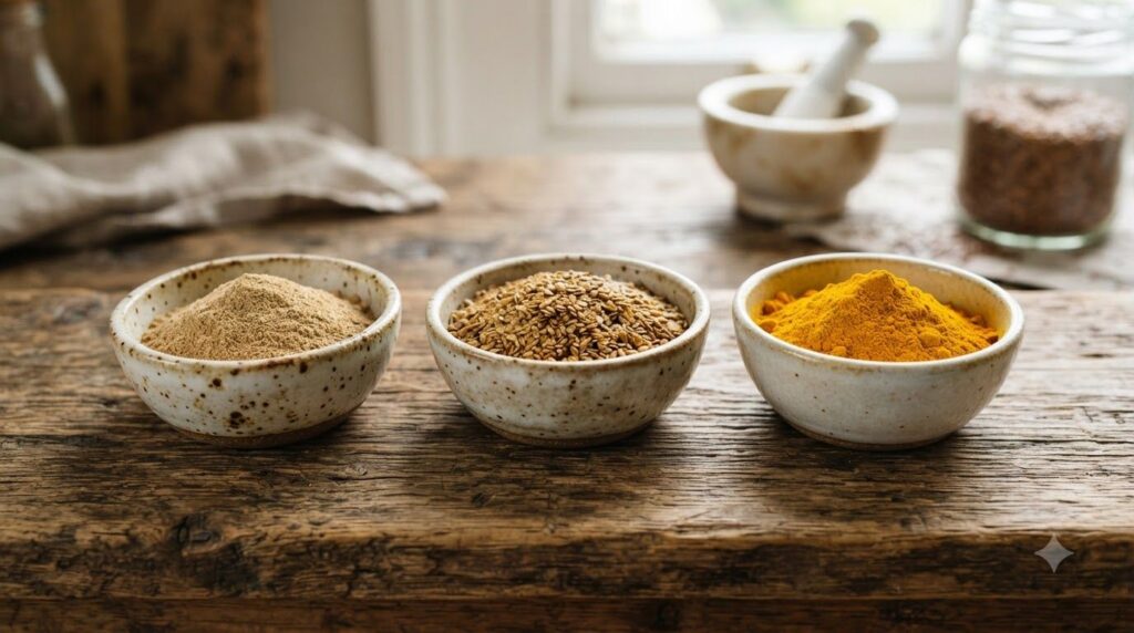 Three small bowls side-by-side each containing one of the ingredients amla powder ground flax seeds and turmeric powder 