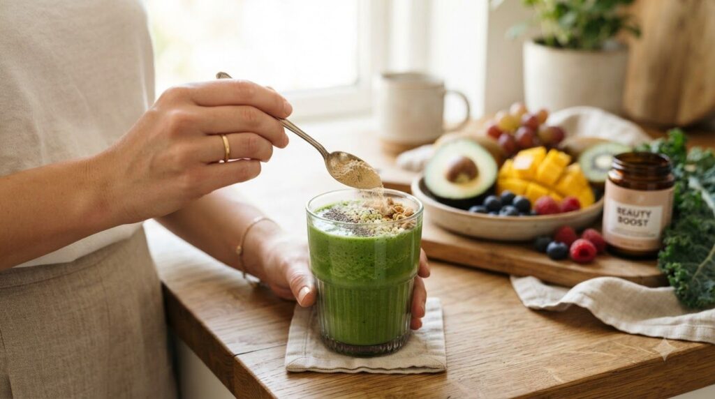 A woman adding a spoonful of the light brown beauty powder into a vibrant green smoothie in a glass with fresh fruit in 