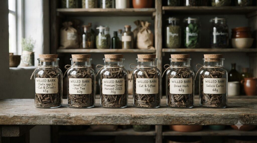 A row of small clear glass jars filled with dried willow bark labeled clearly stored on a wooden shelf in a cool dry pan