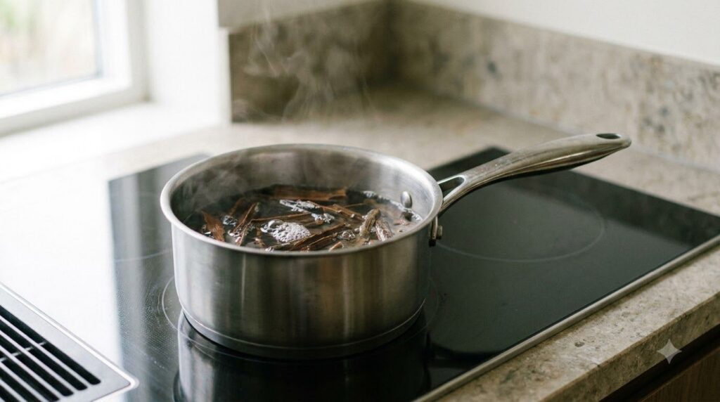 A pot gently simmering with willow bark and water with steam rising illustrating the correct decoction method not a hars
