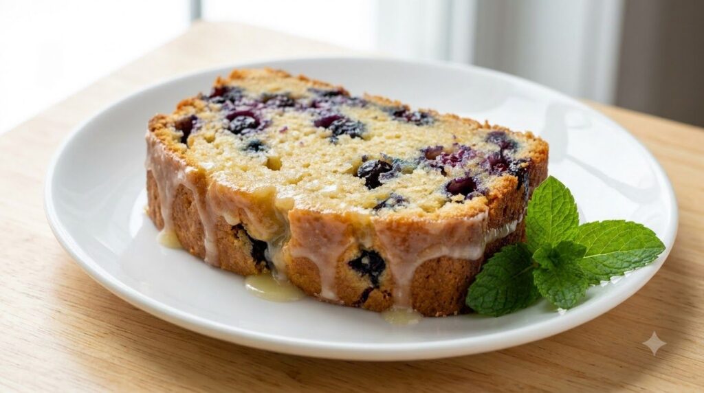 A slice of moist lemon blueberry quick bread showing plump blueberries and a light yellow crumb topped with a delicate l
