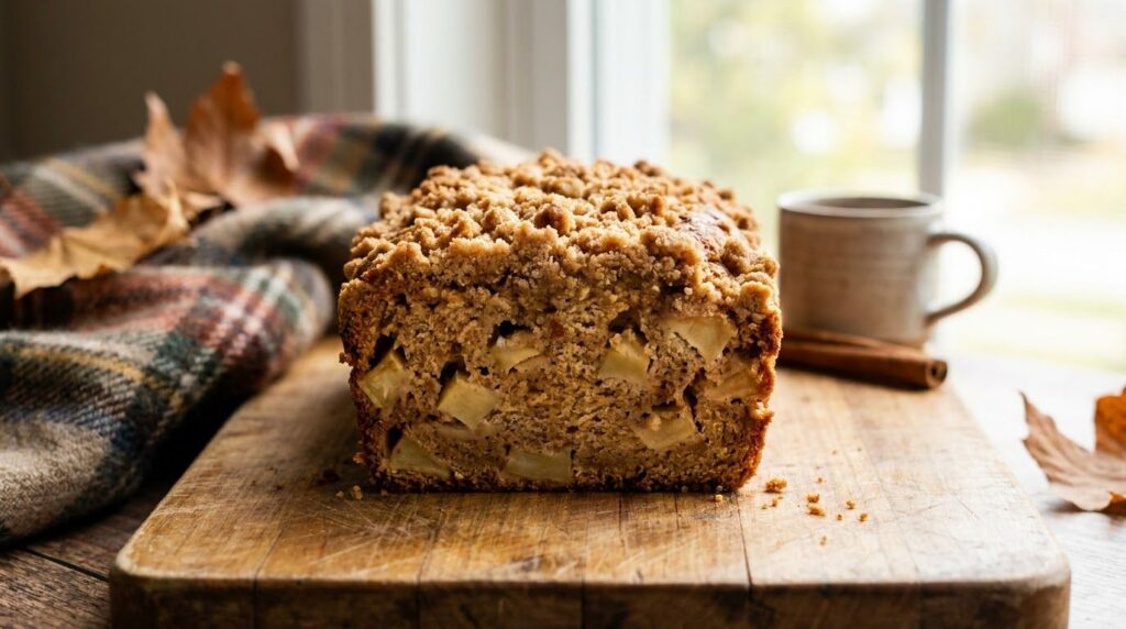A comforting slice of apple cinnamon quick bread with visible apple chunks and a sugary cinnamon crumble topping