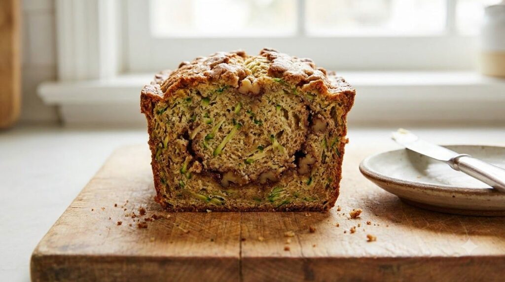 A hearty slice of zucchini bread with visible flecks of green zucchini a cinnamon swirl and a hint of crunchy nuts