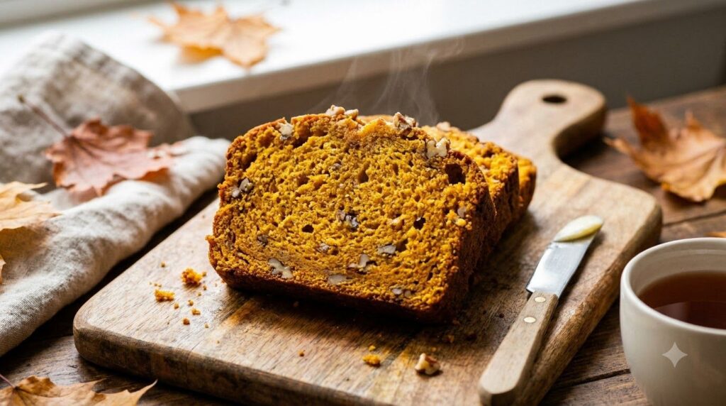 A cozy slice of pumpkin quick bread rich orange in color with a delicate spice swirl and a dusting of powdered sugar