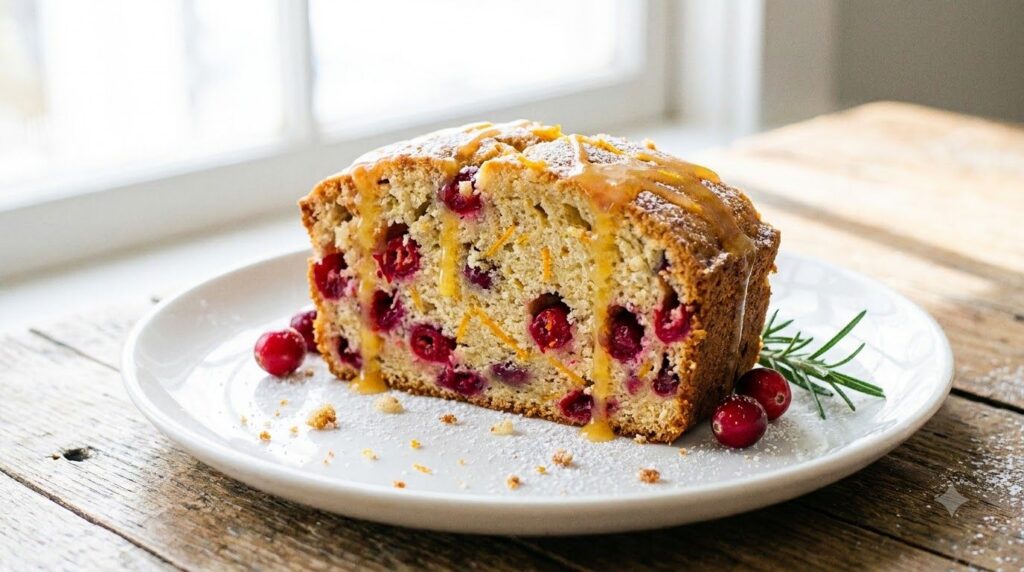 A festive slice of cranberry orange quick bread showing bright red cranberries and orange zest with a light citrus glaze