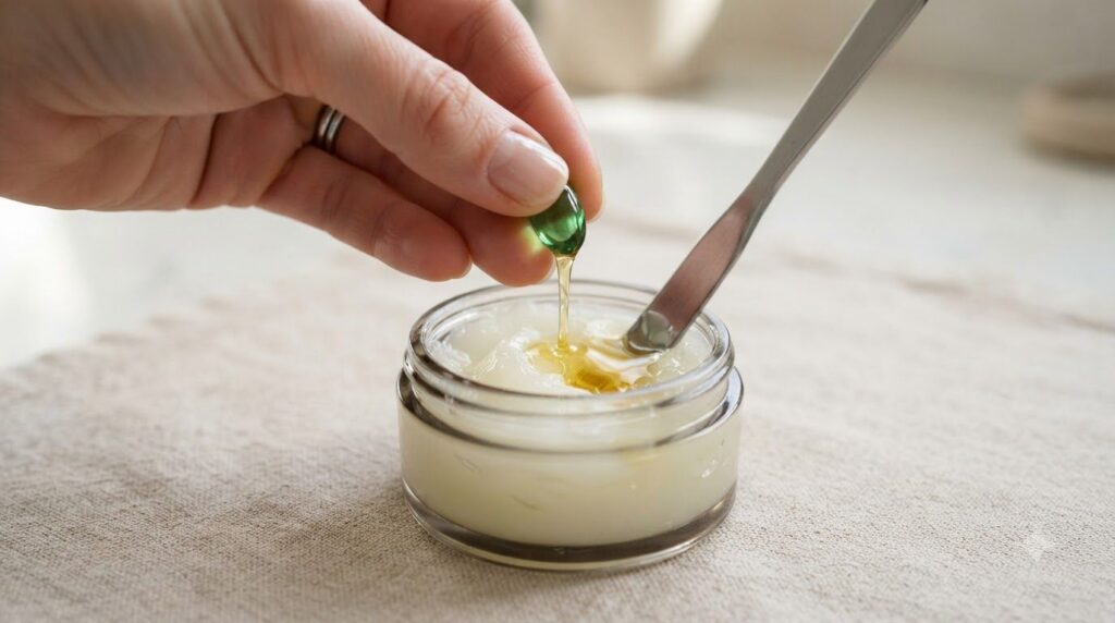 A small tub of petroleum jelly with a green beauty capsule being squeezed into it and a small spatula mixing the content