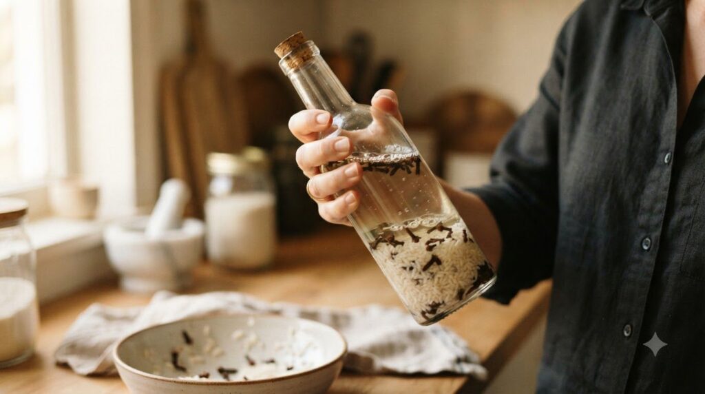 A clear glass bottle filled with baby oil whole cloves and white rice shaking gently to show the infusion process
