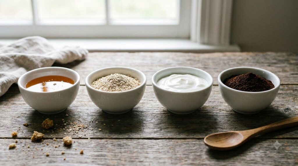 Four small white bowls each containing one of the mask ingredients honey finely ground oats plain Greek yogurt and finel
