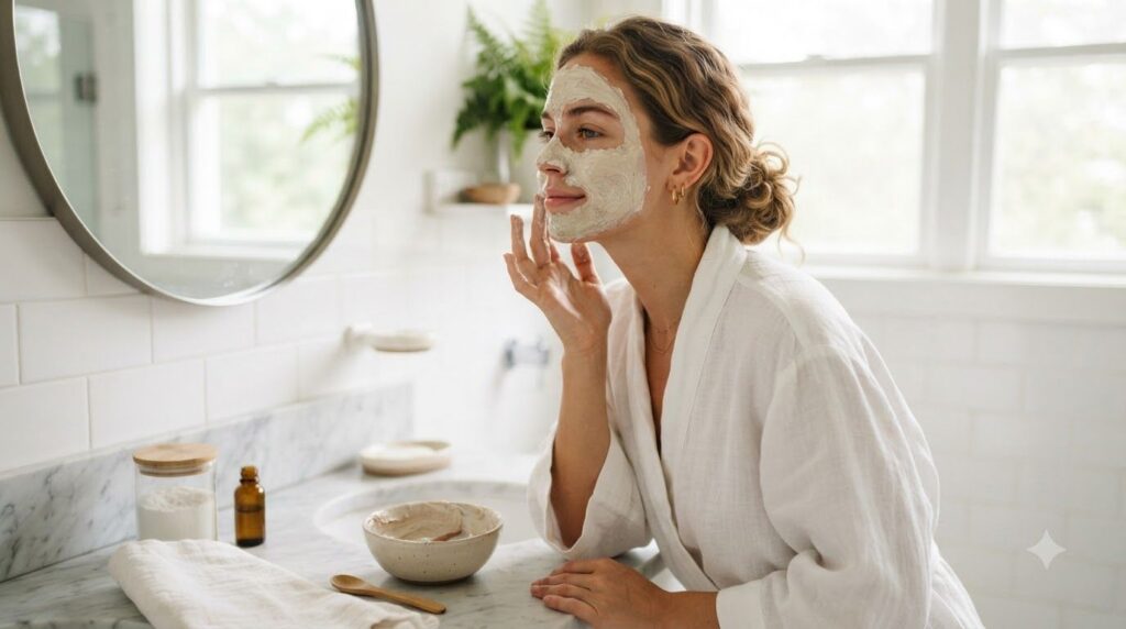 A woman gently applying a thick creamy DIY face mask to her clean face with her fingertips The mask has a light brown co