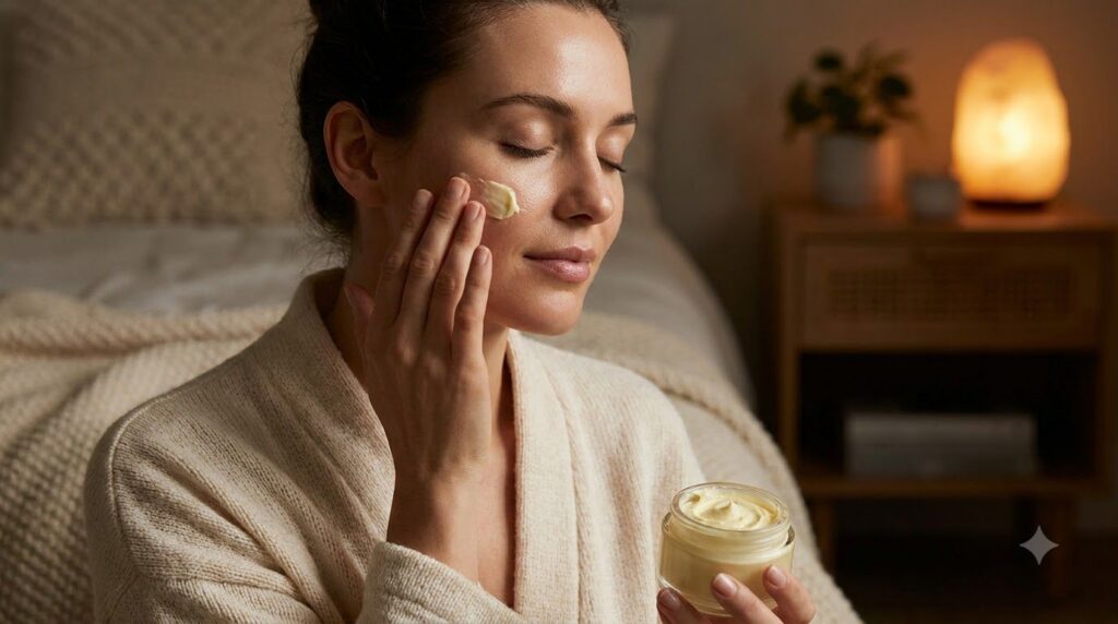 A woman gently applying a small amount of the homemade overnight cream to her face before bed her eyes closed in relaxat