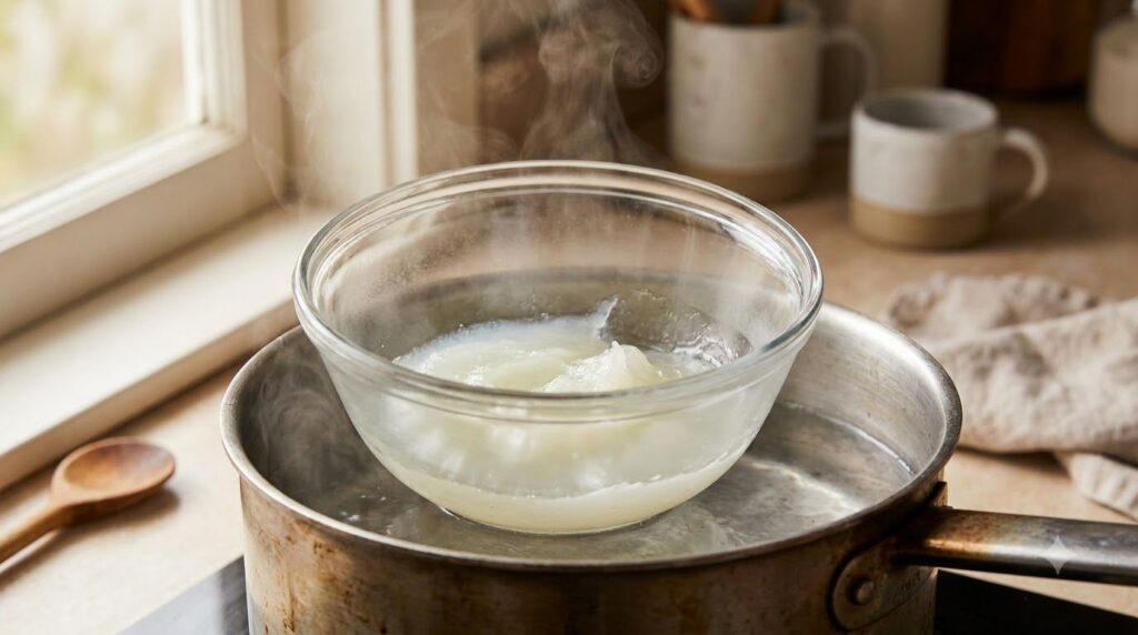A close-up of a small glass bowl containing petroleum jelly gently melting over a pot of simmering water creating a doub