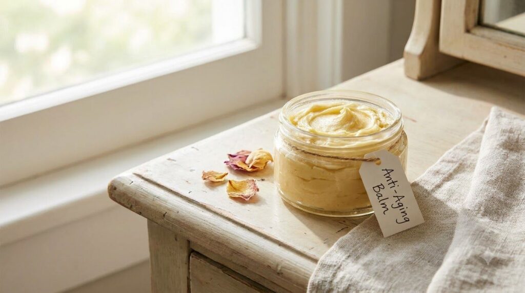 A small clear glass jar filled with the freshly mixed DIY anti-aging skin balm showing its creamy texture placed on a li