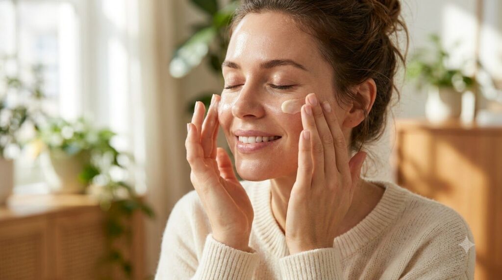 A woman gently massaging a small amount of the DIY anti-aging skin balm onto her face focusing on her cheek and under-ey