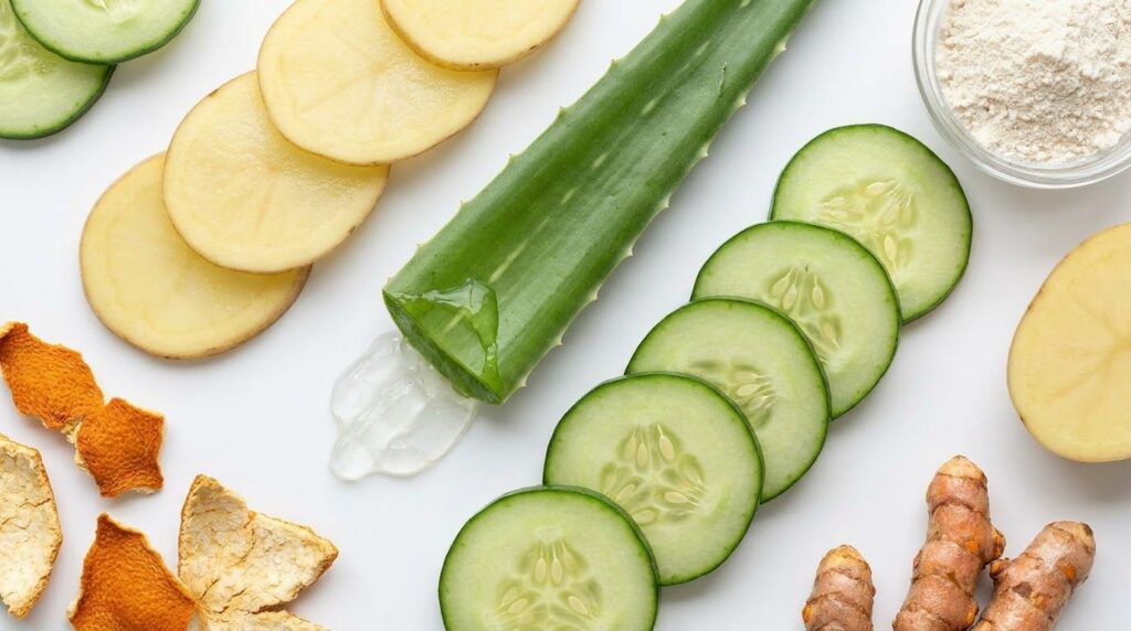 A variety of natural ingredients like potato slices aloe vera leaf and cucumber slices arranged on a clean white surface